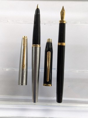 vtg 2x Fountain Pen Lot - Steel Parker 45 10k X Nib - Black Gt Cross Century 