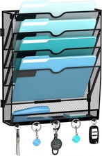 5-Tier Wall File Organizer and Mail Organizer with 5 Hooks, Black