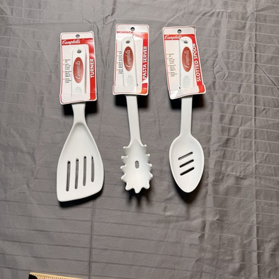 #ad Campbell Kitchen Utensils New Turner Pasta Server Slotted Spoon White $19.45