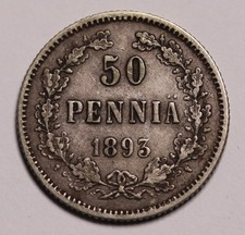 1893 L  Finland 50 Pennia Silver Coin  KM# 2.2 Low Mintage 400k