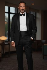 Hart Schaffner Marx 44R 36x30 Blk Peak Lapel Wool Tuxedo Bow Tie Cummerbund Vtg
