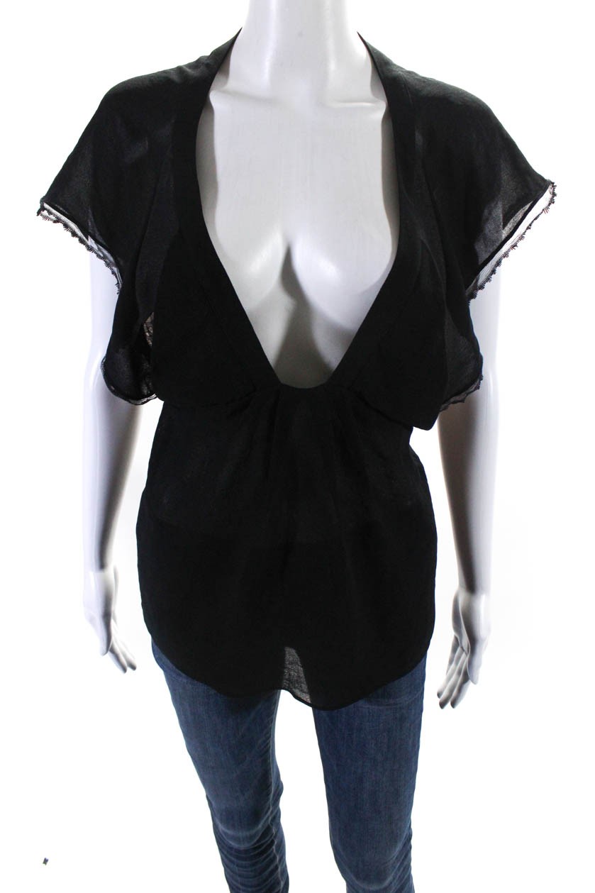 Vanessa Bruno Black Lace V-Neck Blouse Size FR 38 Womens Short Sleeve Top
