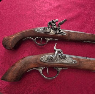 PAIR OF REPLICA DECORATIVE 18TH CENTURY FLINTLOCK PISTOLS.