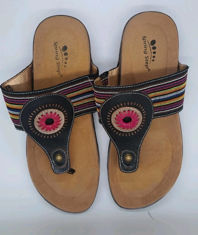 Spring Step Yasmine Flip Flops 6.5/37 Thong Sandals Black Leather Boho Colorful - Image 4 of 4