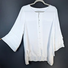 Halston Sheer Tunic Women M White Bell Sleeve Side Slit Coastal Chic Luxury EUC