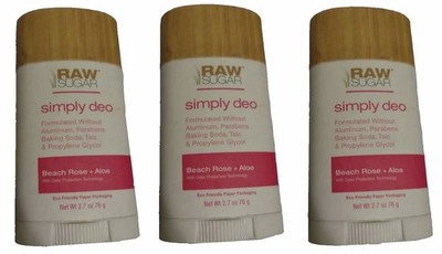Set of 3 - RAW SUGAR Simply Deo BEACH ROSE + ALOE Deodorant 2.7oz Vegan