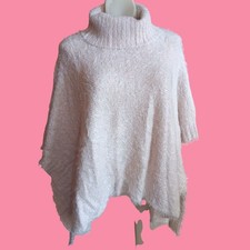 Small Poncho Sweater White Crwon Womens Fuzzy Knit Cowl Turtleneck Beige Soft