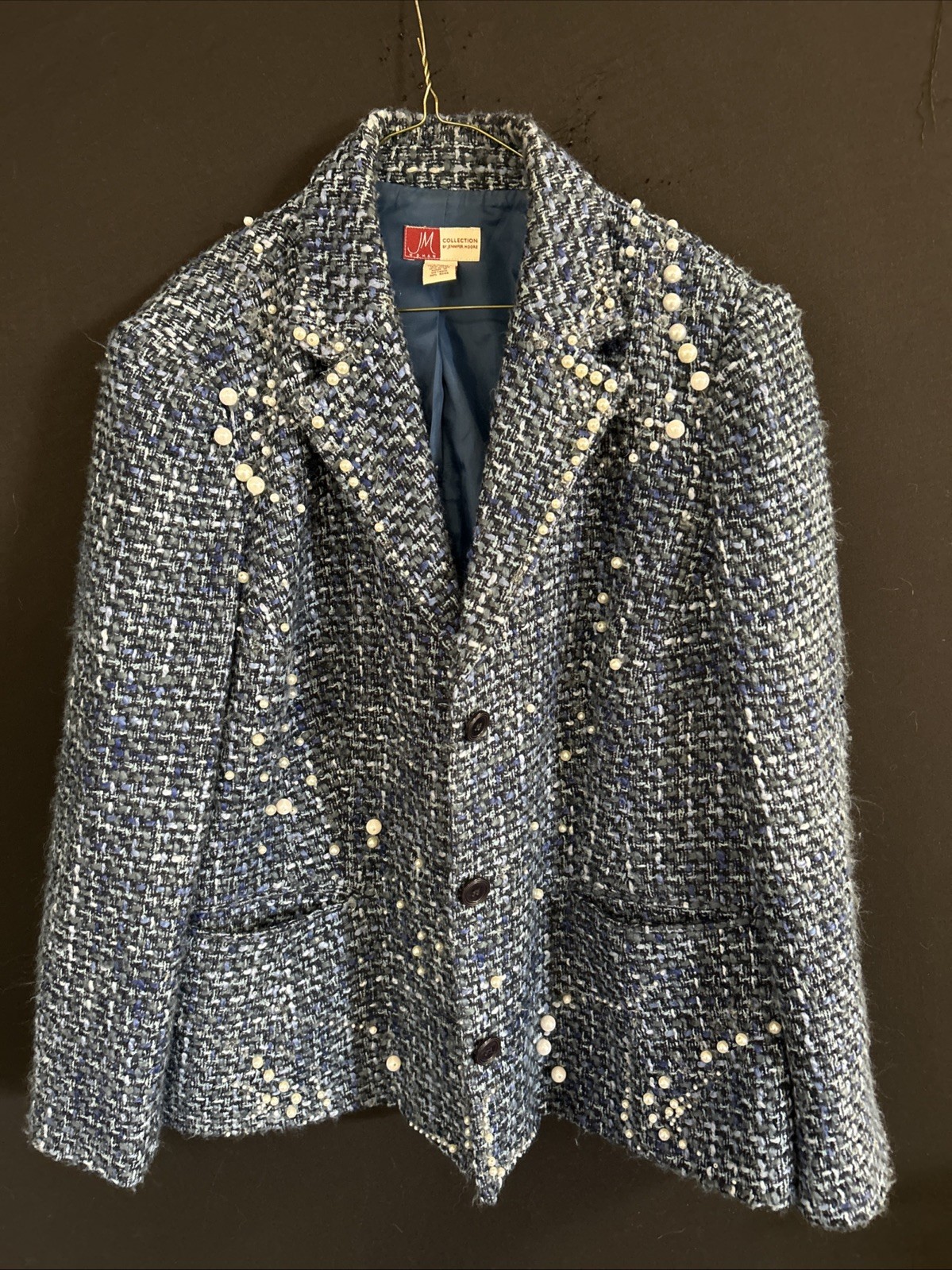 JM Collection Tweed Blazer 16W Pearl Embellished Cottagecore Chic Coastal Chic