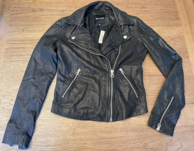 MADEWELL Black XX-SMALL Washed Leather Motorcycle Jacket Brass