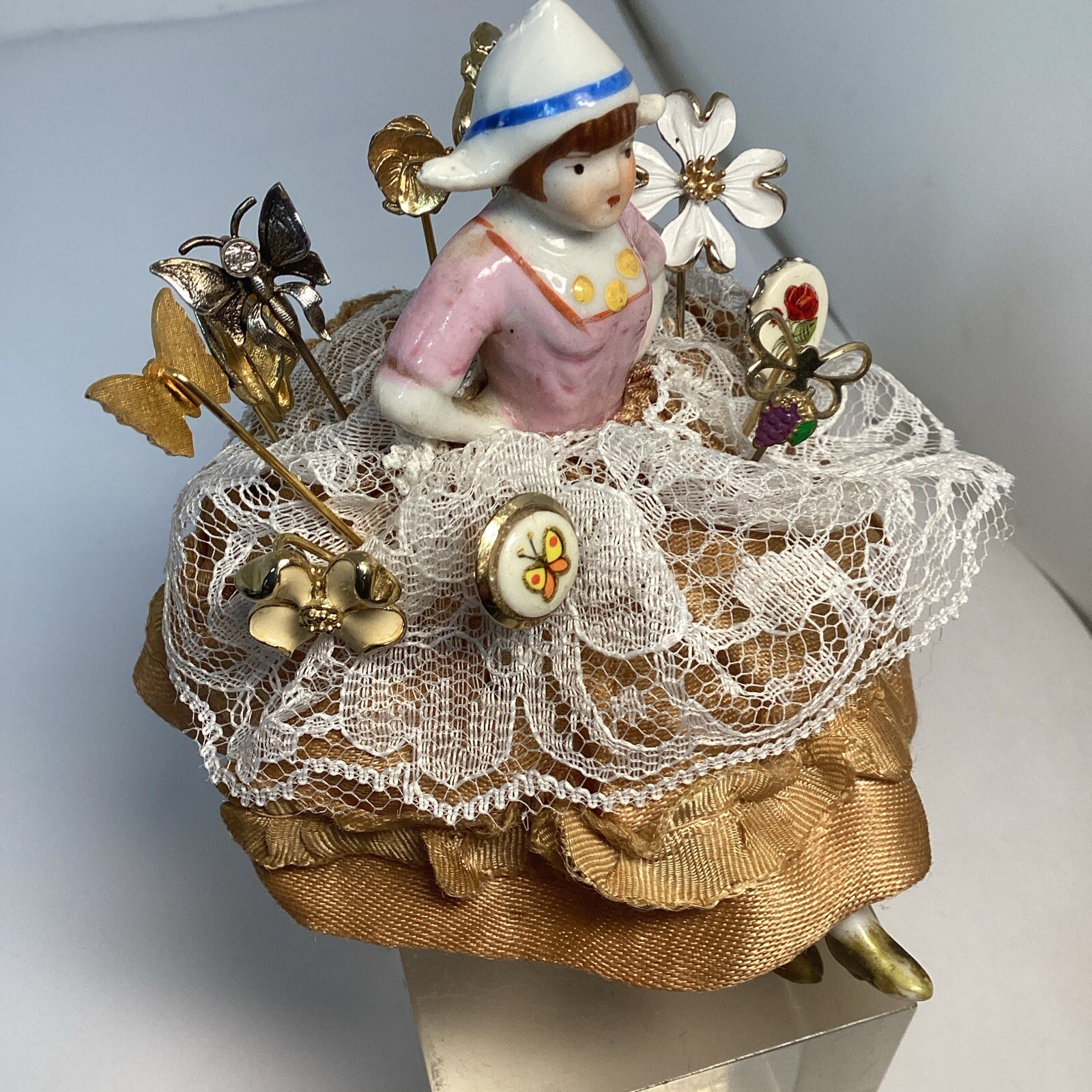 Stick Pins Lot On Antique Ceramic Lady Pincushion, 12 Stickpins eBay
