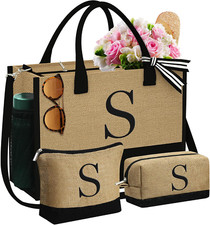 Valentines Day Gifts - Initial Jute Tote Bag  2 Makeup Bags Birthday Gifts for