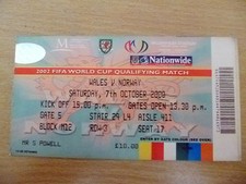 Tickets- FIFA World Cup 2002 Qualifying- WALES v NORWAY, 7th October 2000