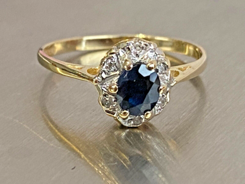9ct Gold Ring Diamond Sapphire Cluster Blue Sapphire 9 Carat 375 9K - Afbeelding 1 van 16