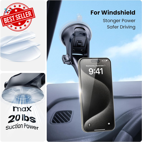 Magnetic Phone Car Mount, Universal Dashboard Holder, 6 Magnets, Adjustable Arm - Picture 2 of 9
