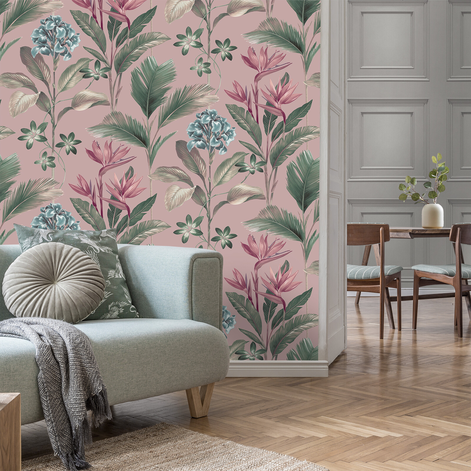 Floral Tropical Palm Leaves Flowers Dusky Pink Multi Belgravia Oliana Wallpaper