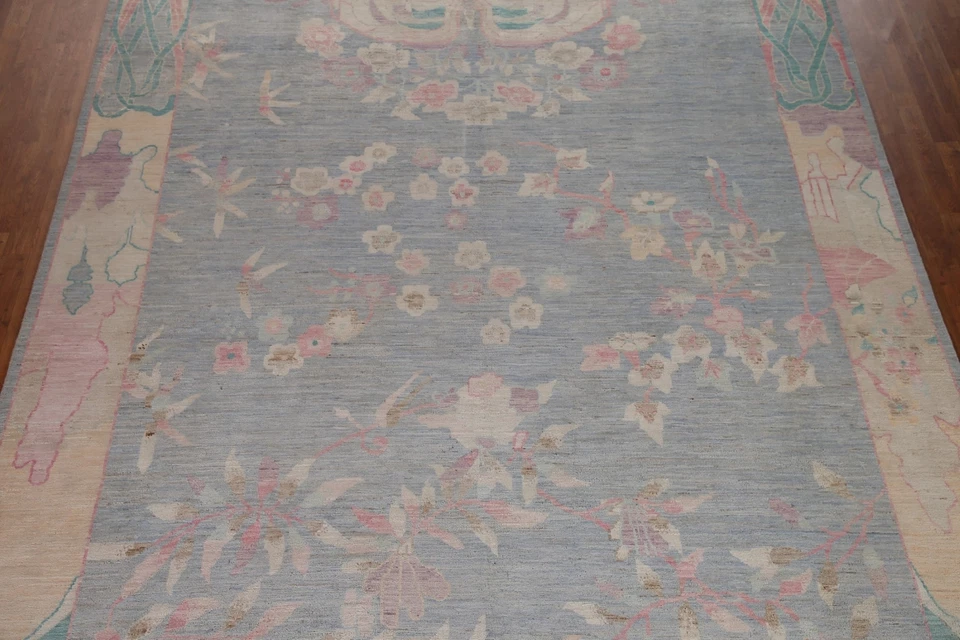 Transitional Oushak Floral Blue Area Rug 10x13 Handmade Wool Turkish Carpet - Image 3 of 4