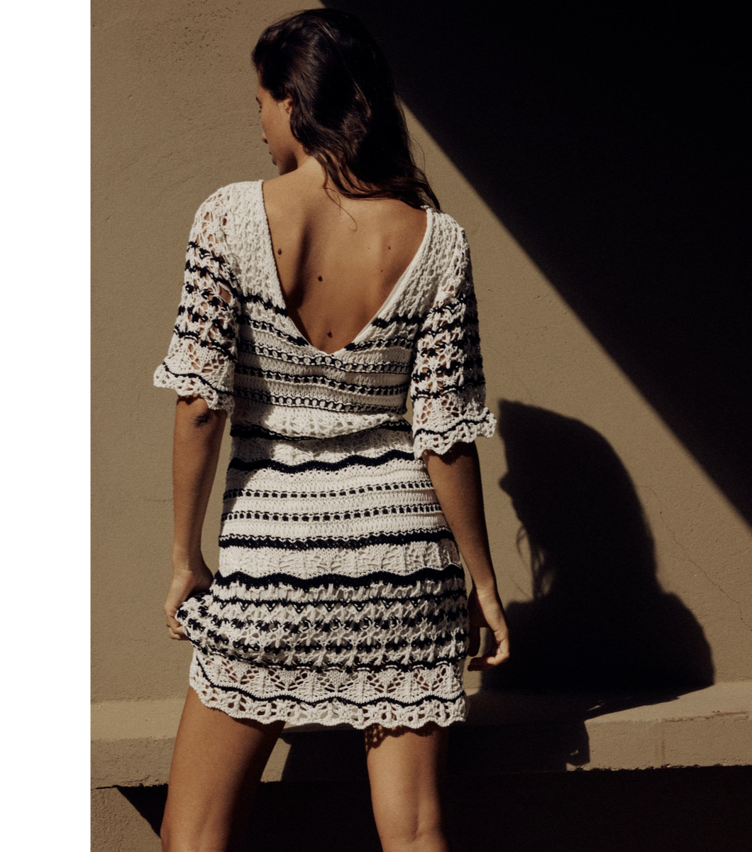 ZARA NEW SS23 CROCHET KNIT MINI DRESS RUFFLED Black WHITE STRIPES S,M,L  2308/001 | eBay