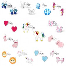 925 Sterling Silver Earrings Studs Rainbow Unicorn Heart Butterfly Girls Kids