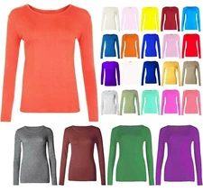 New Women ROUND NECK Long Sleeve Plain Casual Stretchy Tee Basic Fit T-Shirt Top