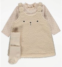 Ex Store Baby Girls Bear Fleece Pinafore Dress Bodysuit Tights Outfit 0 - 18
