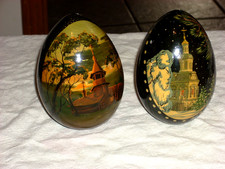 Pair Of Russian Painted Wooden Eggs 5"And One is Signed