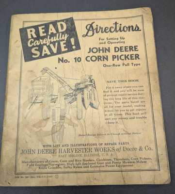 Vintage John Deere #10 Corn Picker Set-up Operating & Parts Manual DIR 129 1939