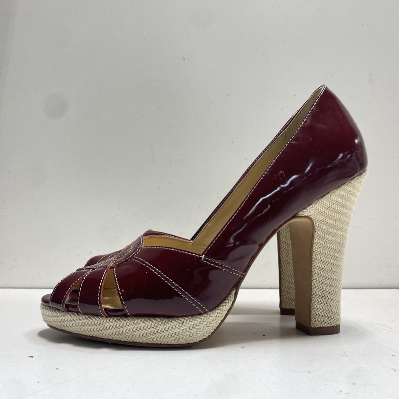Cole Haan Burgundy Patent Leather Espadrille Platform Peep Toe Pumps Size 8.5 B