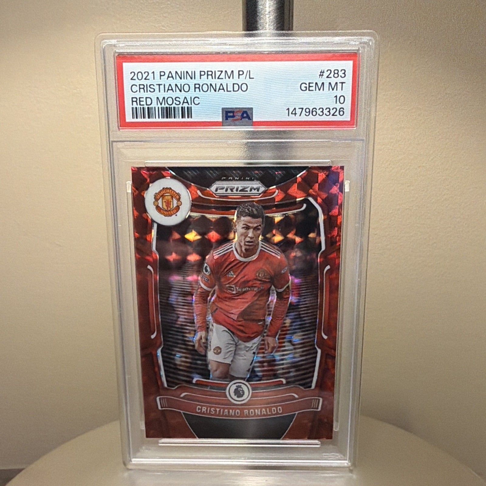 Panini 2021-22 Prizm Premier League Cristiano Ronaldo #283 Red Mosaic PSA 10 view 1