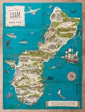 c.1950s Guam and Marianas Islands Pictorial Map Pacific Ocean Vintage Original