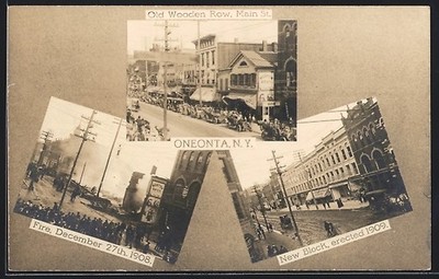 AK Oneonta, NY, Fire, December 27th 1908, Old Wooden Row, Main St., New Block 