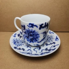 Vintage ACF Japan Demitasse Tea Cup Saucer Set Blue White Porcelain Floral 70s