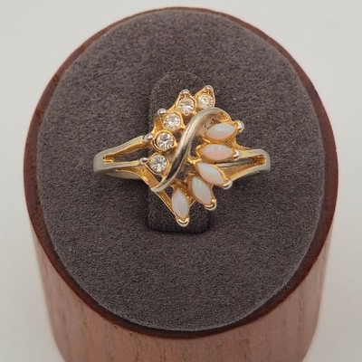 Vintage Gold Tone Opal & Clear Rhinestone Cascade Ring Size 9.5