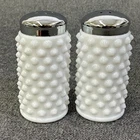 Fenton White Milk Glass Hobnail Salt & Pepper Shakers Set Silver Lids Vintage