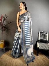 Women's Handcrafted White Linen Ajrakh Print Saree with Unstitched Blouse Piece