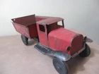 Vintage 1930's Pressed Steel Dump Truck Toy  Wood Wheels  12" Wyandotte? Marx?