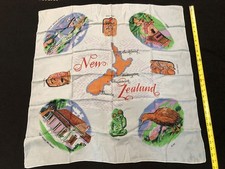 Vintage New Zealand Souvenir Scarf 31" x 31" Silky Acetate M ori Birds Map 1960s