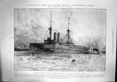 Antiker alter Druck Schlachtschiff Dominion Running Down Kings Yacht Alberta 1905
