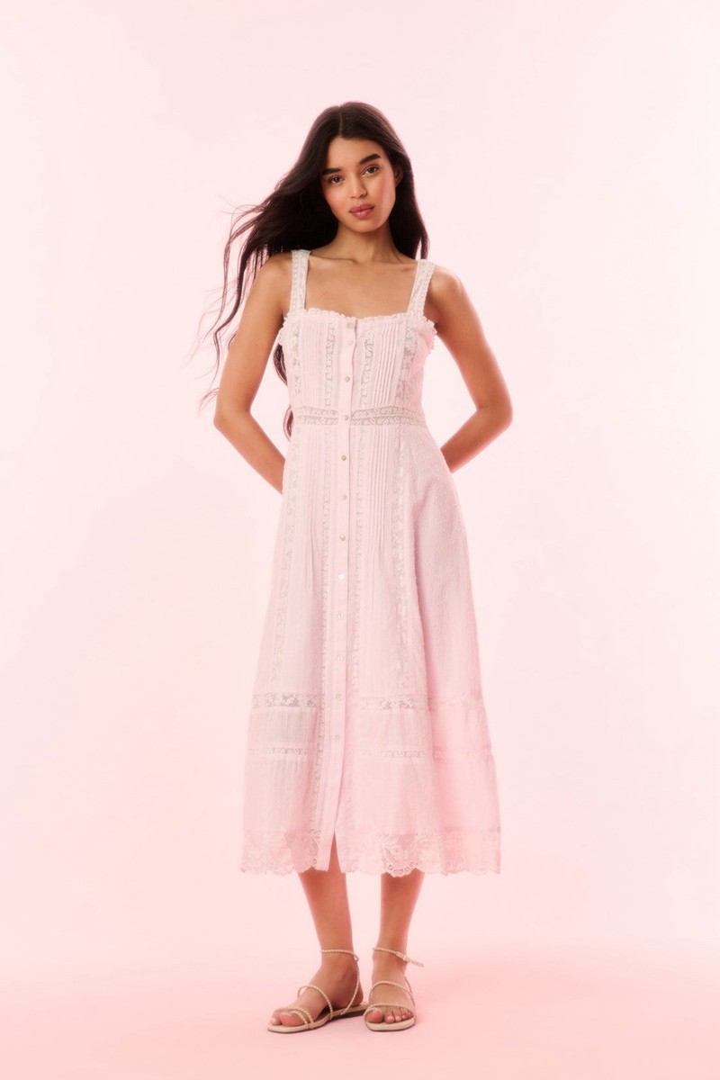 LoveShackFancy Judalon Pale Pink Button-Front Cotton Midi Dress Size 10 |  eBay