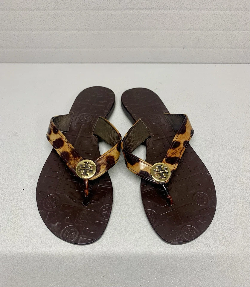 Chanclas Tory Burch Thora de cuero marrón con estampado de leopardo para mujer talla 6M Foto 4 de 4