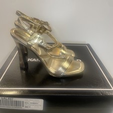 KARL LAGERFELD PARIS Cybil Square Toe Sandals Gold Size 5 floor Display 