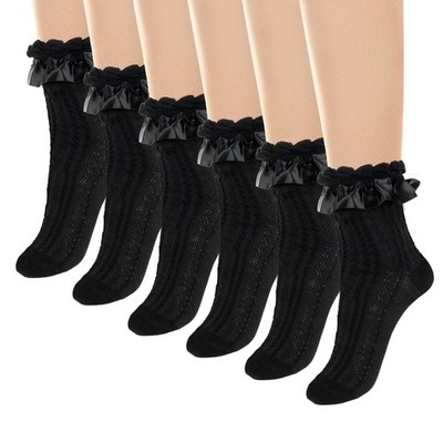 Giantree 3 Pairs Women Frilly Lace Ankle Ruffle Socks, Soft 00, Black 