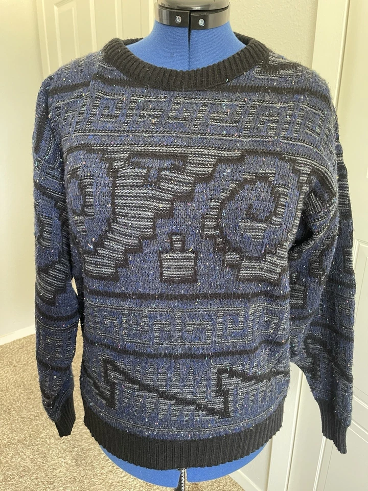 Suéter Checkpoint Años 80/90 Para Hombre Talla XL con Arco Iris Gris y Patrón Morado Foto 3 de 4