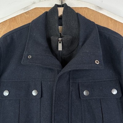 Michael Kors Jacket Mens Large Navy Blue Wool Blend Field Coat Insulated Lined