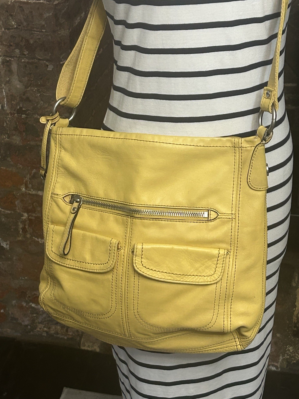 Fossil Yellow Pebbled Leather Messenger Bag Crossbody MultiPocket Utility 103013 image 2
