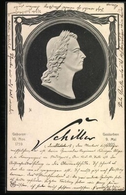 Portrait of Friedrich Schiller in frame with dates of life, postcard 1906 