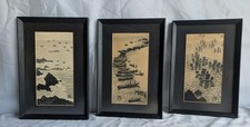 Vintage Japanese Woodblock Print Triptych by Gihachiro Okuyama Coastal Fishing