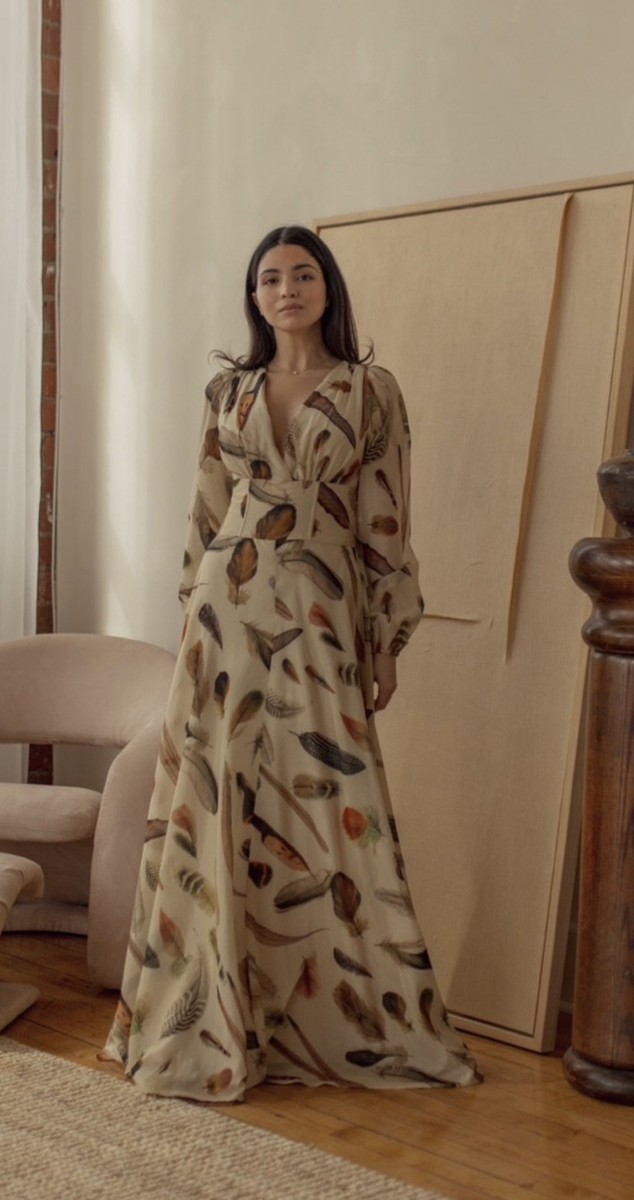 Banana Republic Marta Maxi Feather Cotton Silk Long Sleeve Dress Sz 10