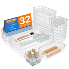 32 PCS Clear Plastic Drawer Organizer Set 4-Size vanity Trays and Storage Bins