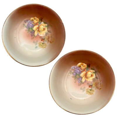 Antique 1900s MZ Austria Eagle China Fruit Dessert Bowl Set YELLOW ROSES LILACS
