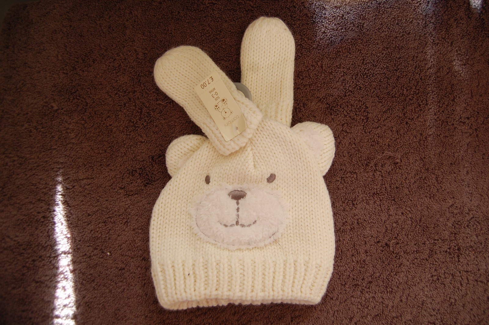 BHS Bambini Knitted Bear Beanie Hat and Mittens Cream Age 0-3 Months BNWT